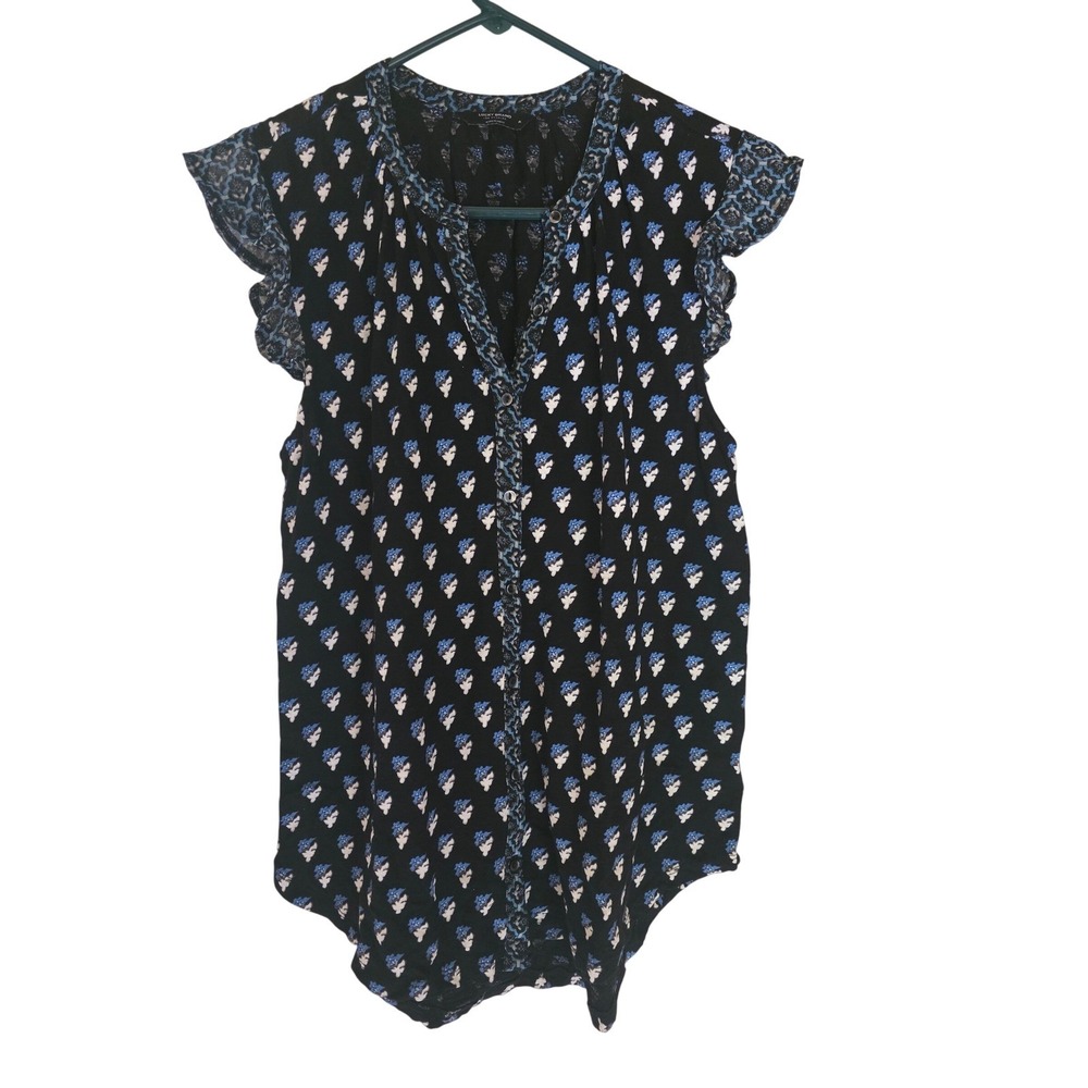 Lucky Brand Womens Black Floral Ruffle Flutter Sleeve Button Front Top Medium